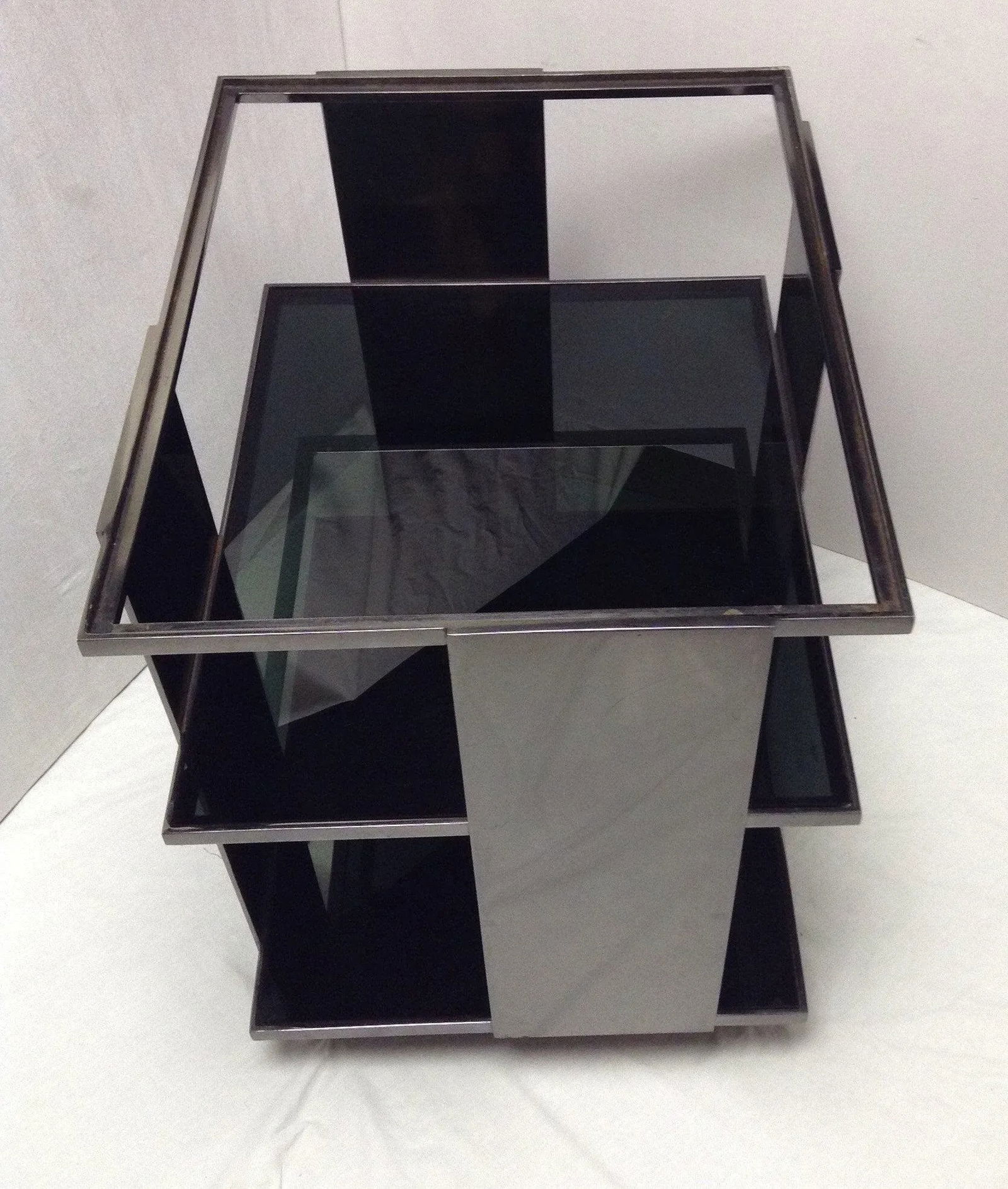 Milo Baughman Style 3-Tier Chrome & Black Glass End Tables - a Pair - 7