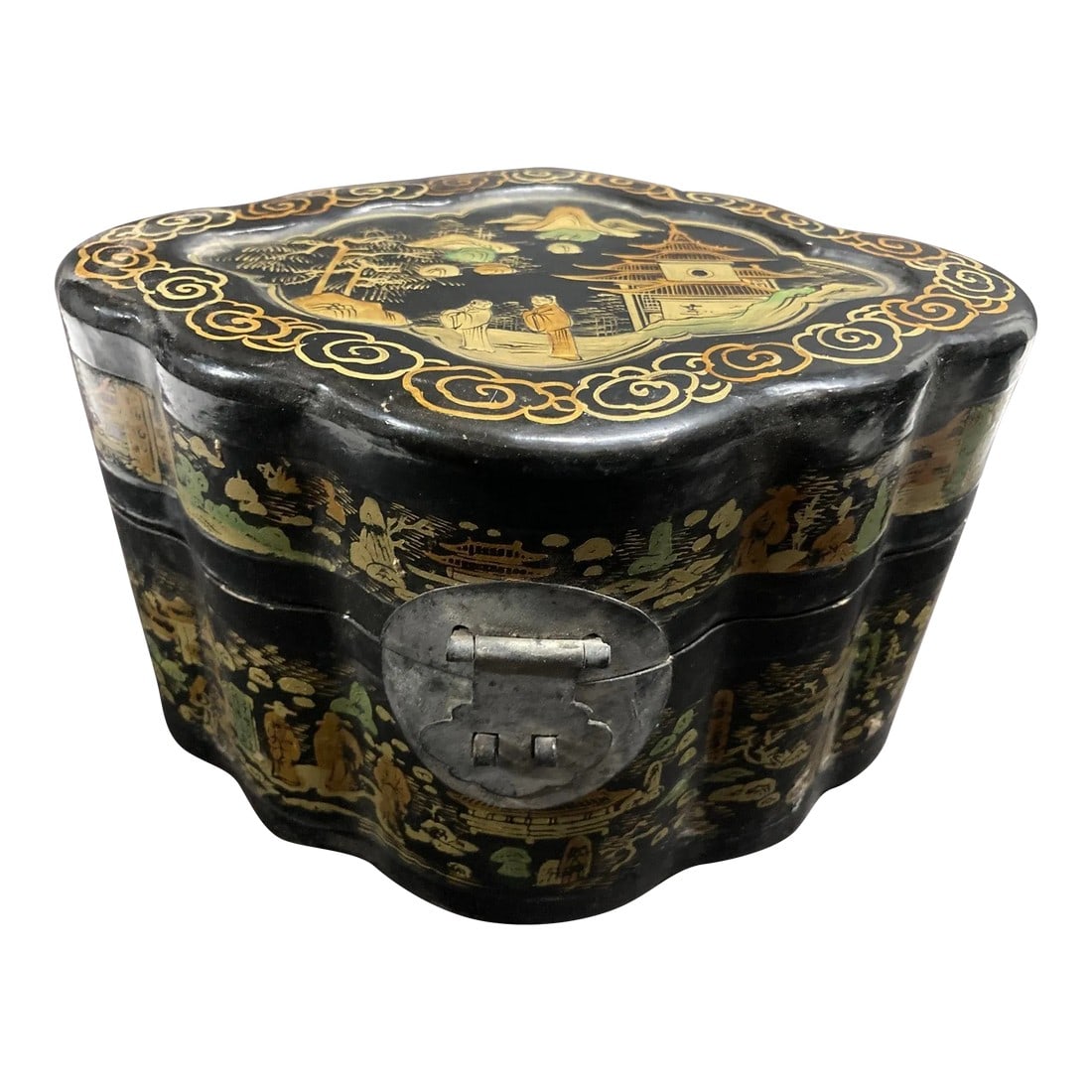 Oriental Chinese Octagonal Black Lacquered Gilt Painted Covered Box 1940s (1 of 11)
