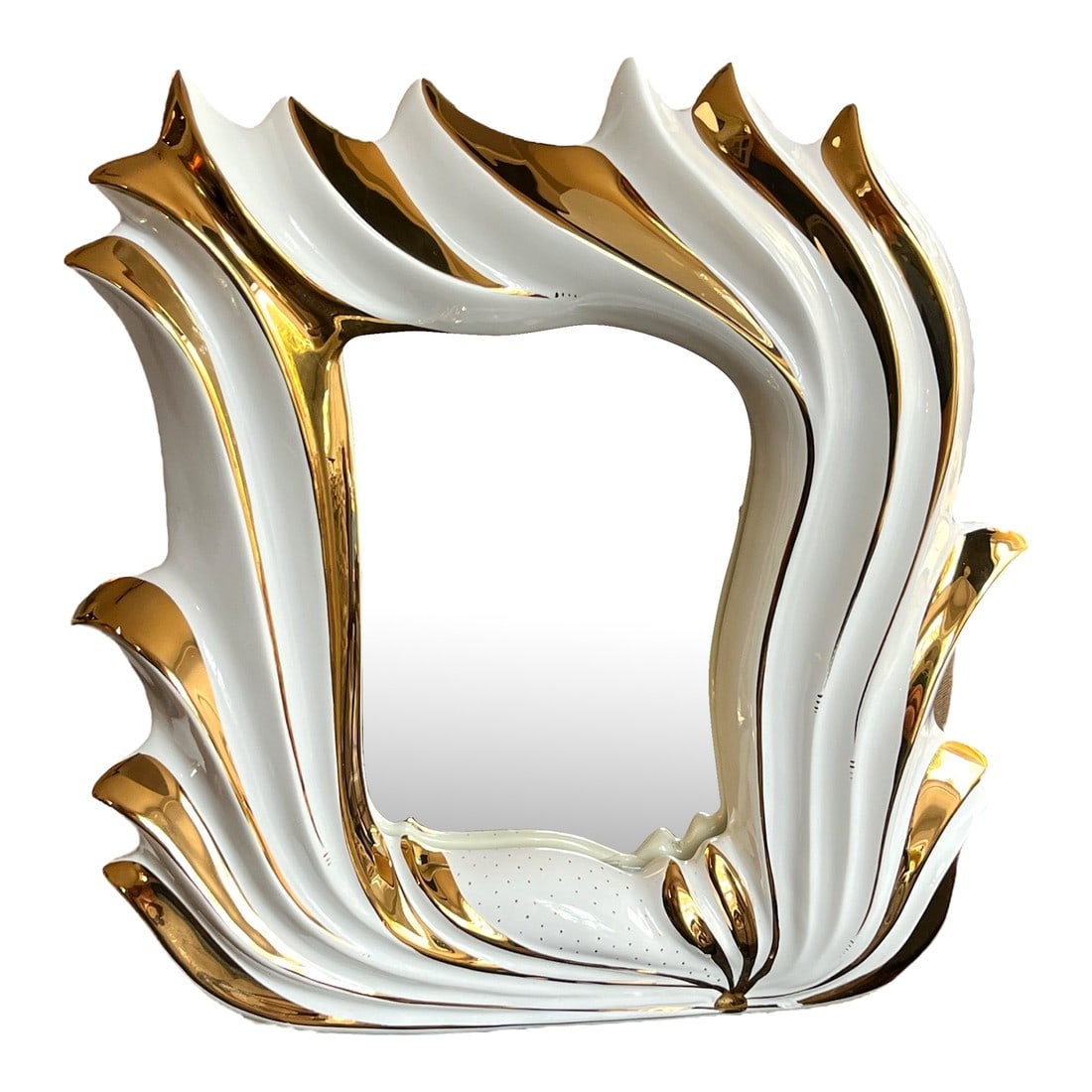 Italian 1960s White Porcelain Flame Mirror With 24k Gold Gilt Oro Zecchino Decoration Flourishes: Dramatic Italian 1960s white porcelain table mirror with 24k gold gilding. Reminiscent of a flame with 13 lapping tongues. Original finish in excellent condition and new, professionally installed