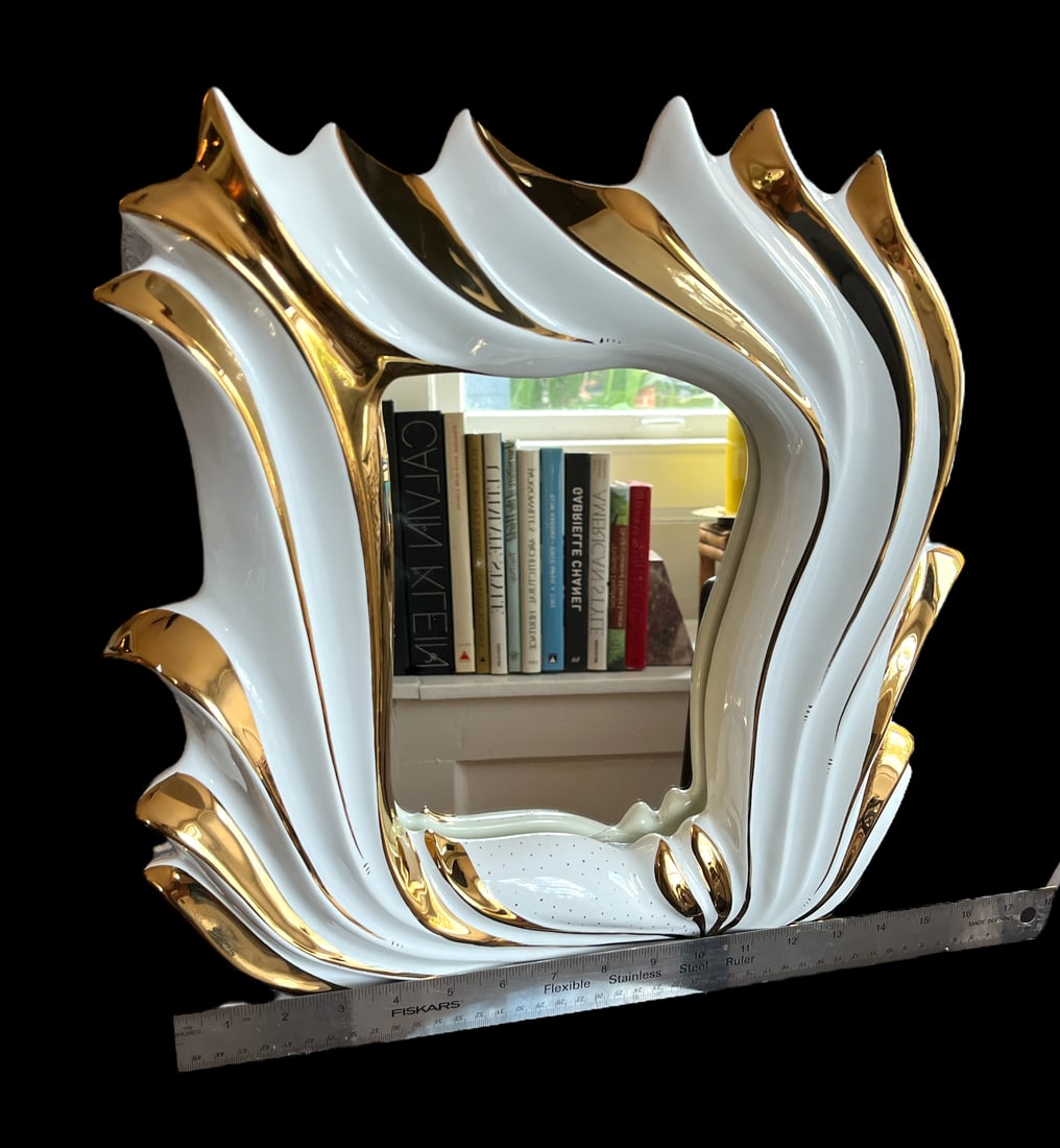 Italian 1960s White Porcelain Flame Mirror With 24k Gold Gilt Oro Zecchino Decoration Flourishes - 7