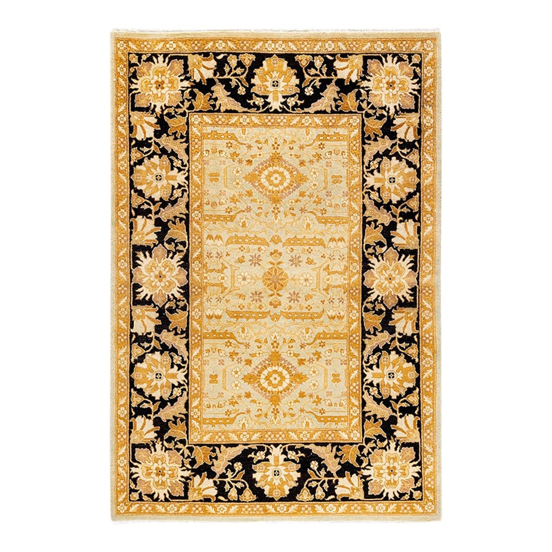 Ottoman, One-of-a-Kind Hand-Knotted Area Rug - Yellow, 4' 3" x 6' 4": Persian rug-making at its finest inspired the rich colors, elaborate geometric motifs, and botanical detailing of the Serapi collection. With as many as 100 knots per inch, these handcrafted rugs are