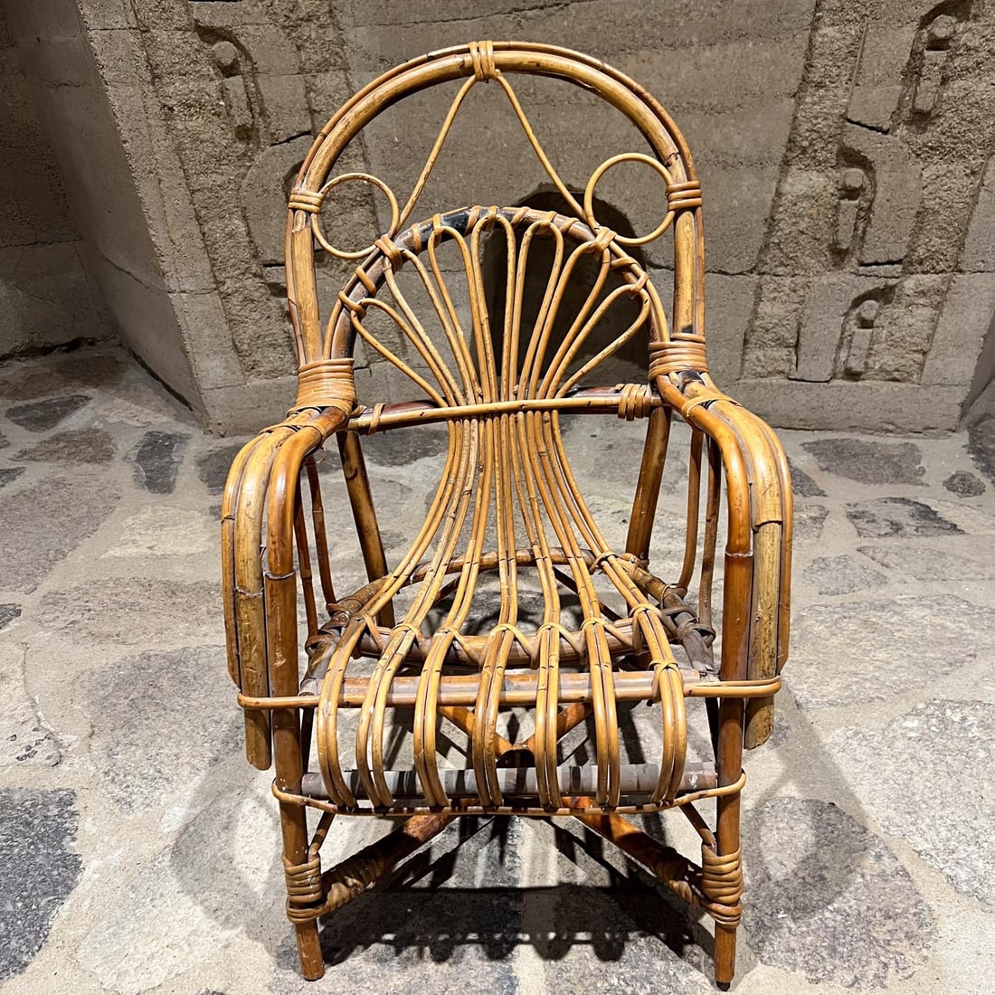 Early 1900s Vintage Children's Wicker Armchair Arched Rattan - 3