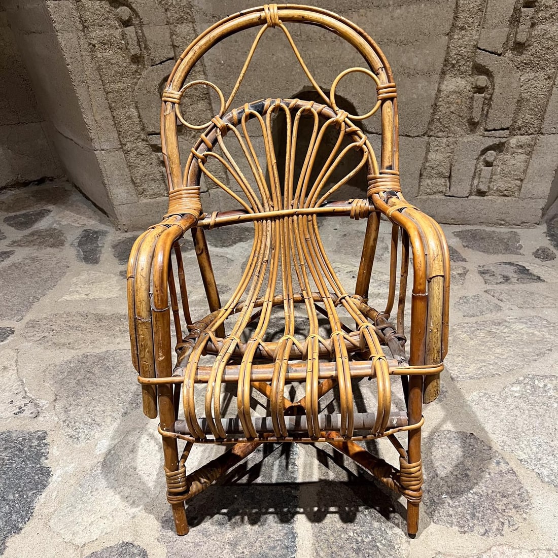 Early 1900s Vintage Children's Wicker Armchair Arched Rattan - 5