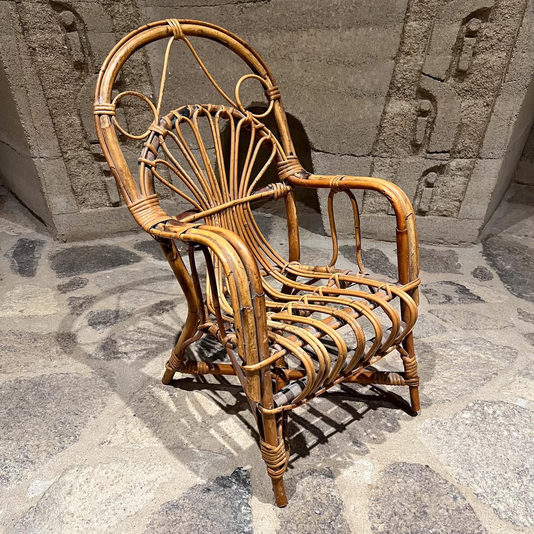 Early 1900s Vintage Children's Wicker Armchair Arched Rattan - 9