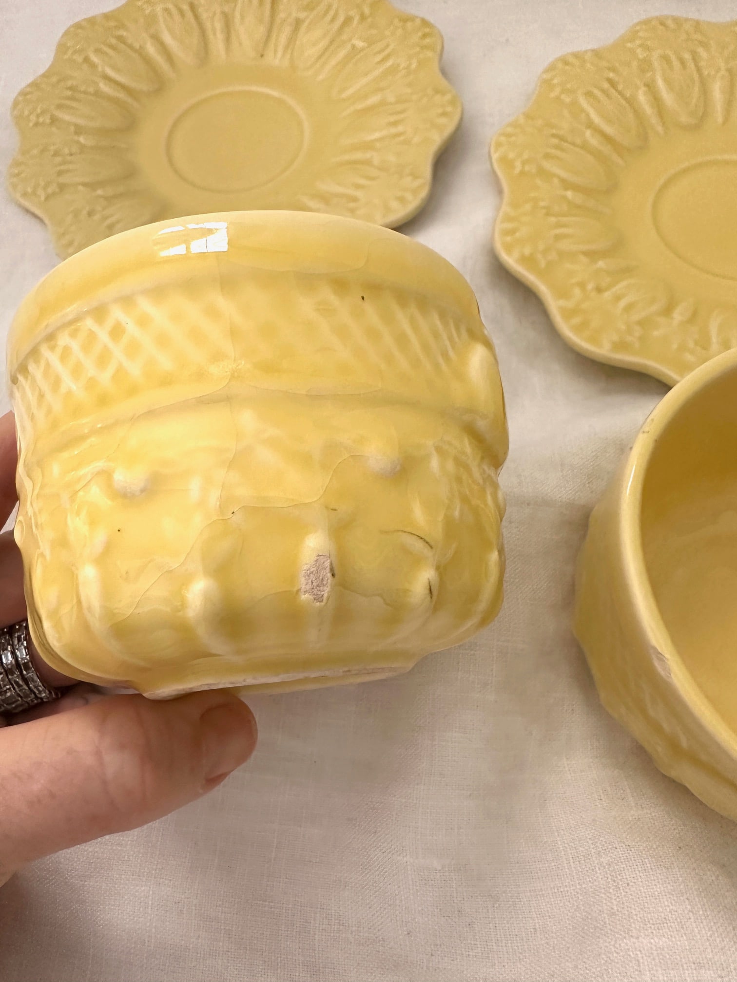 Vintage Pair of Bordallo Pinheiro "Rabbit" Yellow Flat Cup/Saucer - 4