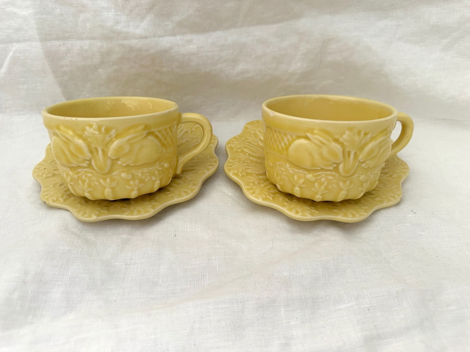 Vintage Pair of Bordallo Pinheiro "Rabbit" Yellow Flat Cup/Saucer - 6