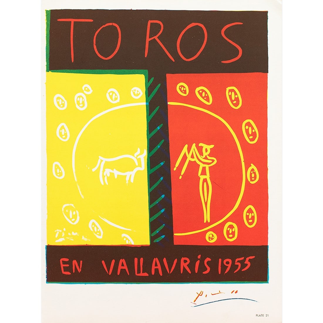 1957 After Pablo Picasso, Poster "Bulls in Vallauris 1955": An excellent full-color reproduction poster after the poster by Pablo Picasso "Bulls in Vallauris 1955". Printed in 1957 by York Litho, Co. in the United States. Excellent condition - minor edge