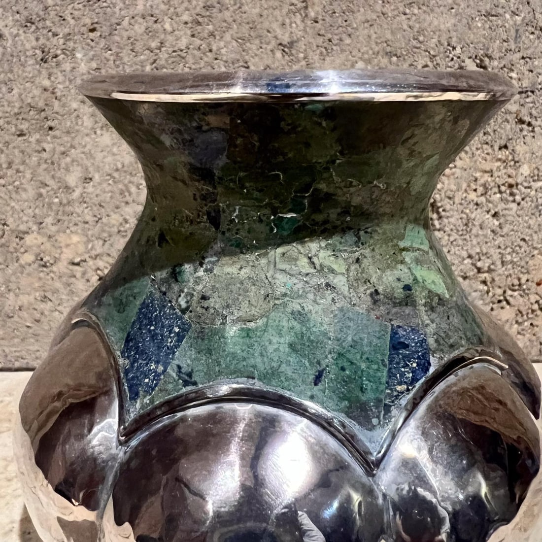 1960s Los Castillo Silver Turquoise Vase Taxco Mosaico Azteca - 6