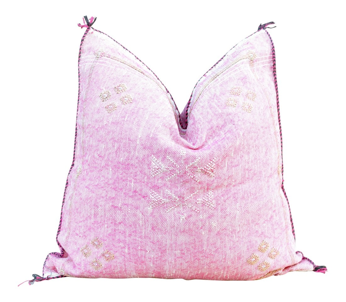 Sonia Large Square Moroccan Silk Rug Pillow: This gorgeous pillow is entirely hand-woven from silk that comes from a Sabra cactus plant. Every pillow is beautifully embroidered with a unique tribal motif that varies from every other pillow. Each