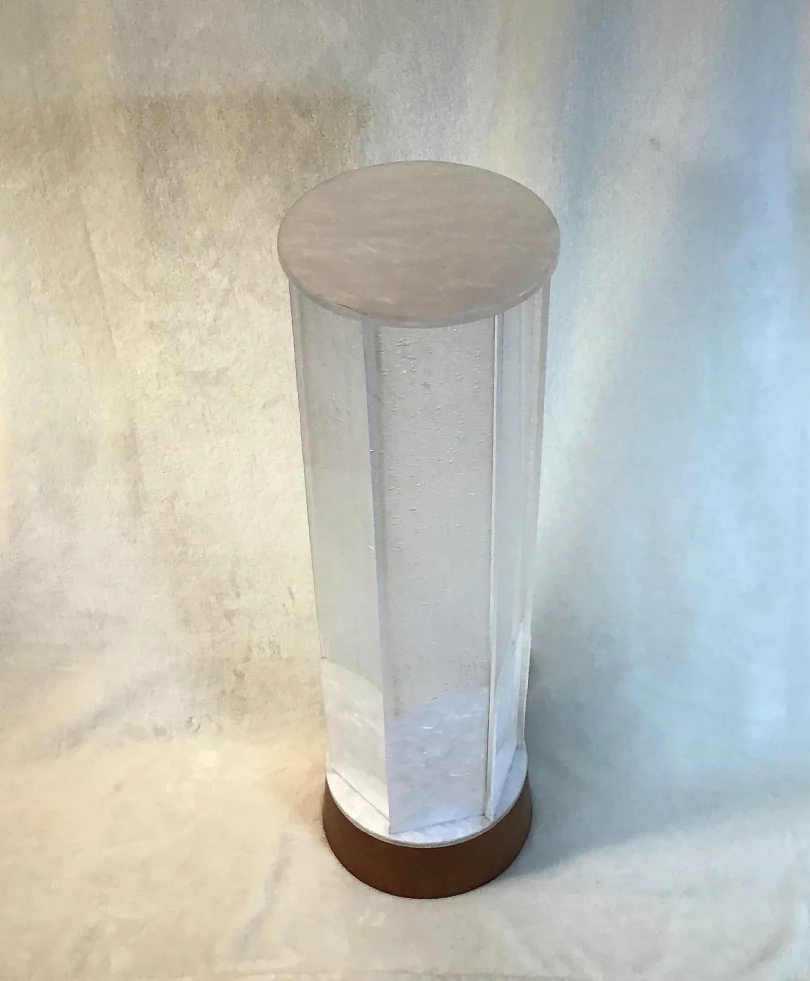1970s Mid Century Modern Accent Floor/Table Lamp Teak Base Pearl Frosted Acrylic Shade - 12