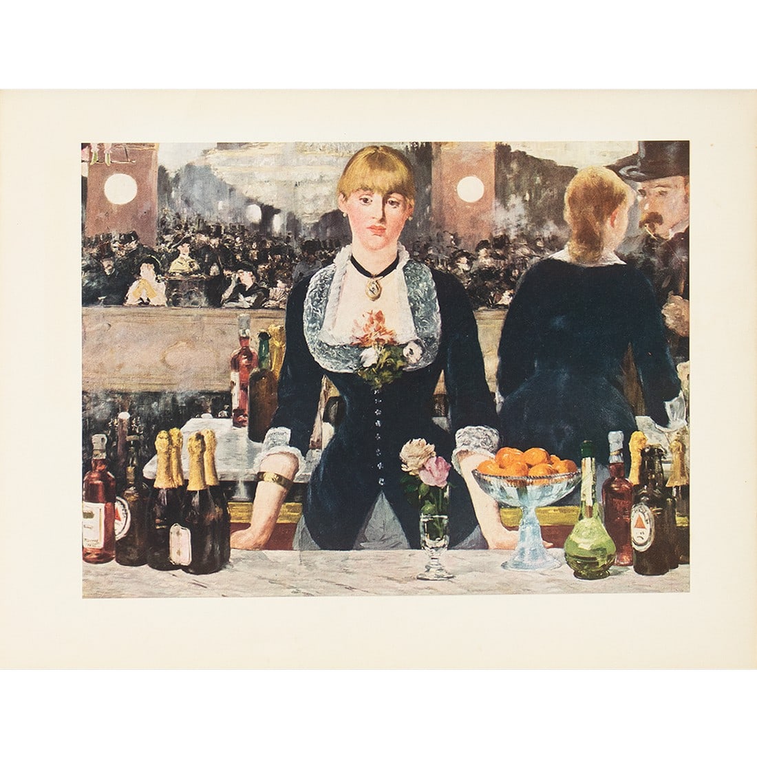 1953 After Manet "A Bar at the Folies-Bergere", Full-Color Print: An excellent reproduction full-color print after painting "A Bar at the Folies-Bergere" (1881) by Manet. Comes from an art folio published and printed in the United States, in 1953. Printed on one