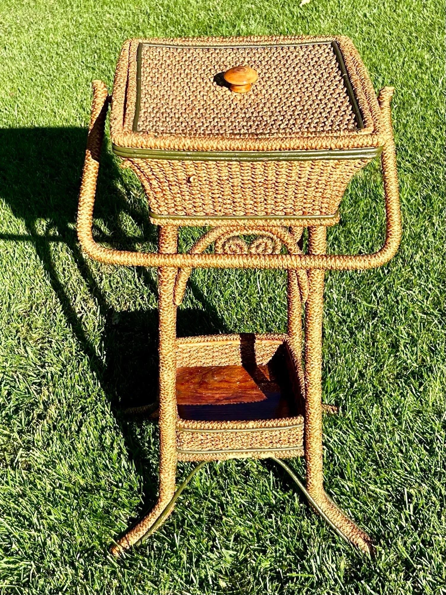 In the Style of Heywood and Wakefield, Victorian Wicker Stand With Lid, Rattan, Late 1880's - 2