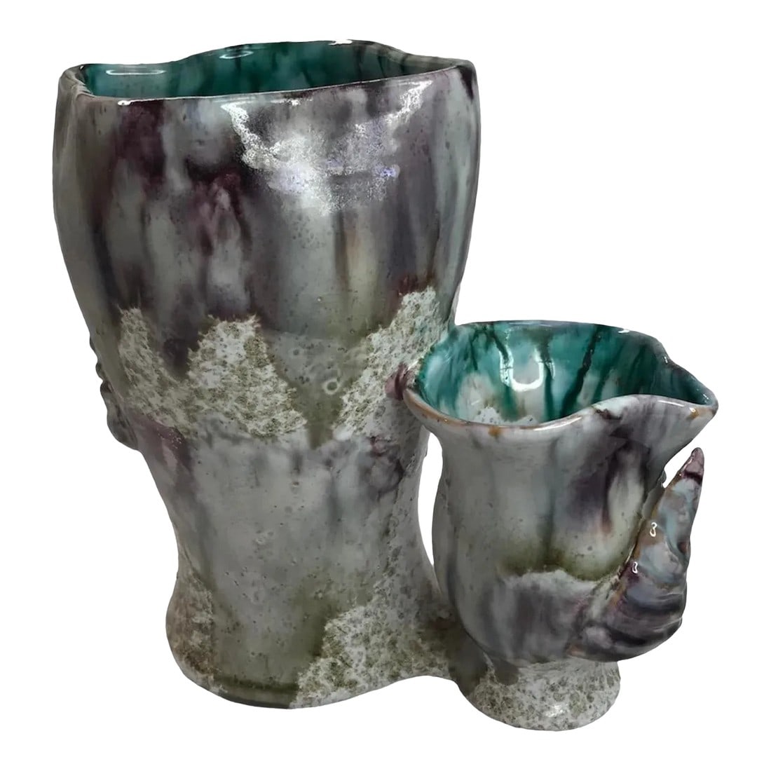 Italian Majolica Mediterranean Sea Life Pottery Mid 20th Century Vase: Vintage Made in Italy hand-painted and drip-glazed pottery vase or planter. Two pieces designed together as if coral or sea sponge growing from the bottom of the ocean floor. Excellent design work fro