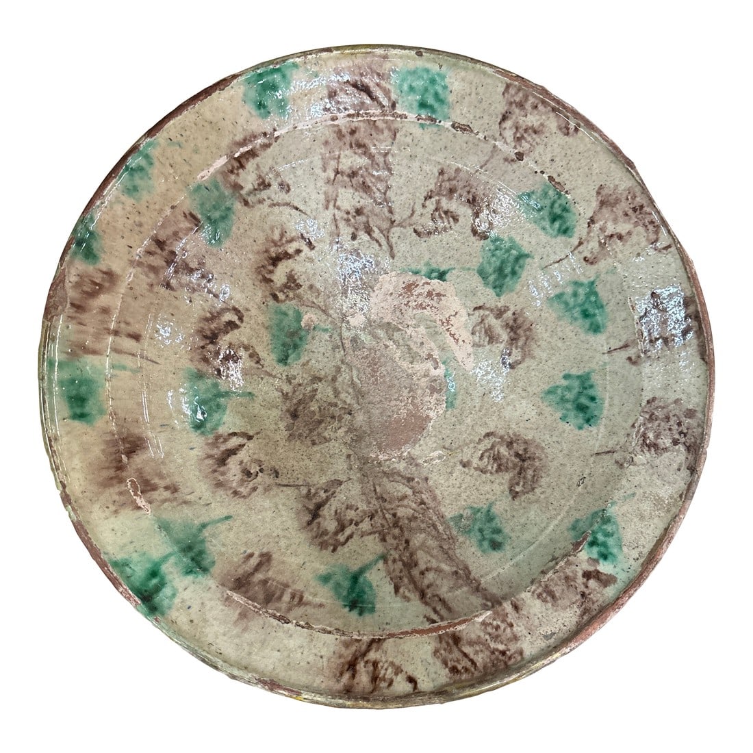 Mid 20th Century Speckled Decorative Ceramic Bowl: A beautifully painted hand-thrown ceramic bowl from the late 20th century, Pakistan. This decorative bowl from Pakistan has been painted a light beige with speckles of brown and a rich forest green. T