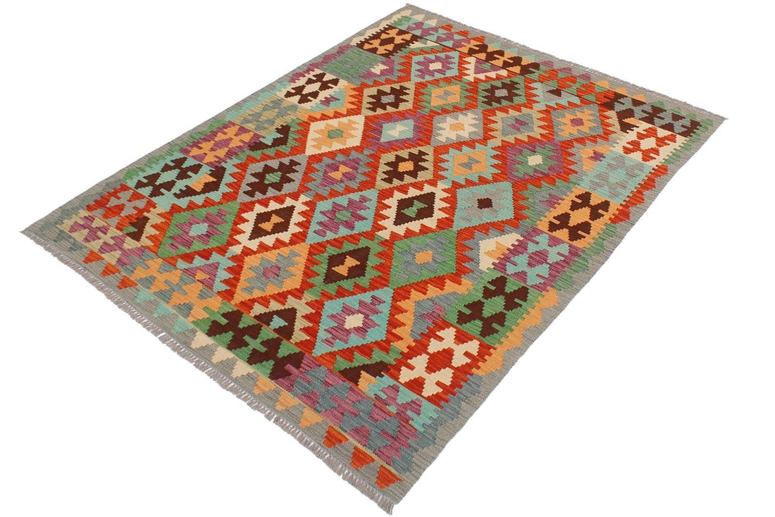 1990s Southwestern Style Kilim Rust Gray Wool Rug - 4'2" X 5'10" - 2