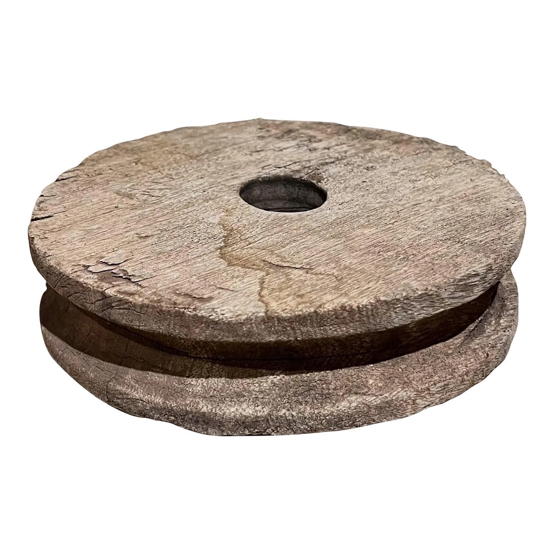 French Vintage Mesquite Wood Circle Disc Pulley: For your consideration, an antique round wood circle disc pulley. Old Mesquite wood. Dimensions: 7.5 diameter x 1.75 Please visit take a look at our listings, we have an amazing curated collection