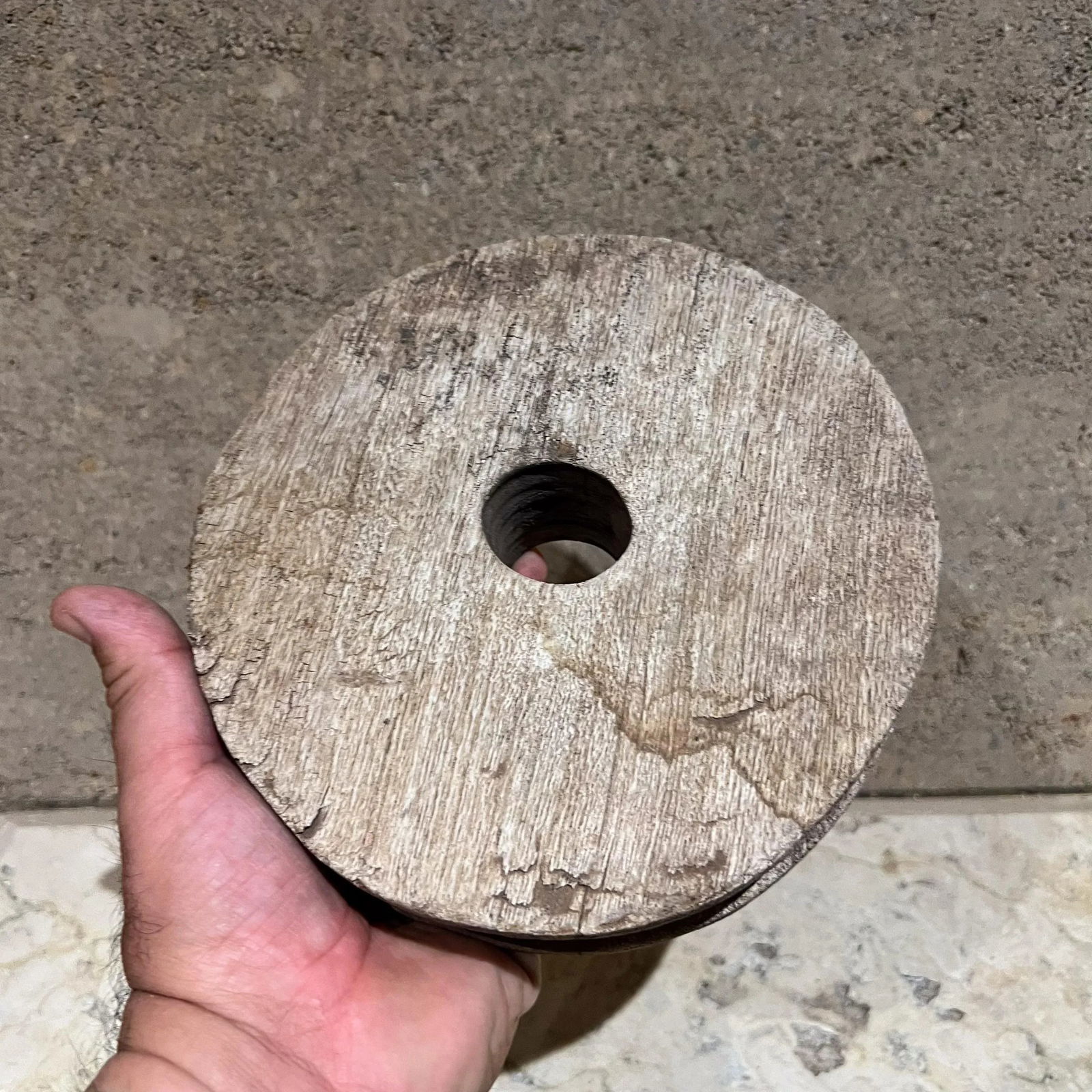 French Vintage Mesquite Wood Circle Disc Pulley - 4
