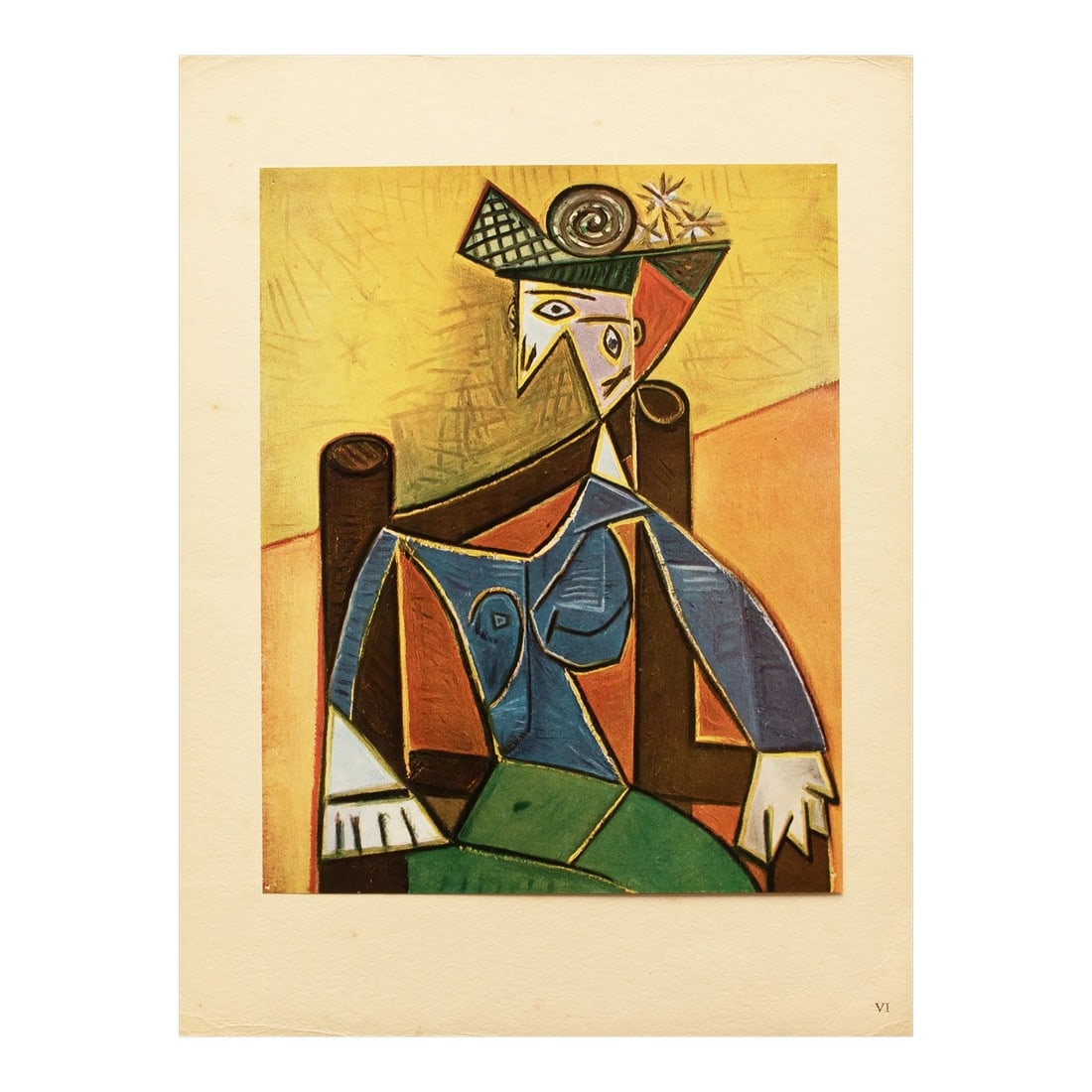 1946 After Pablo Picasso "Woman in an Armchair", Second Edition Period Offset Lithograph: An excellent vintage period offset lithograph, full-color print, after Cubist painting "Femme Dans Un Fauteuil" (Woman in an Armchair, 1941) by Pablo Picasso. Comes from a Second Limited edition of XV