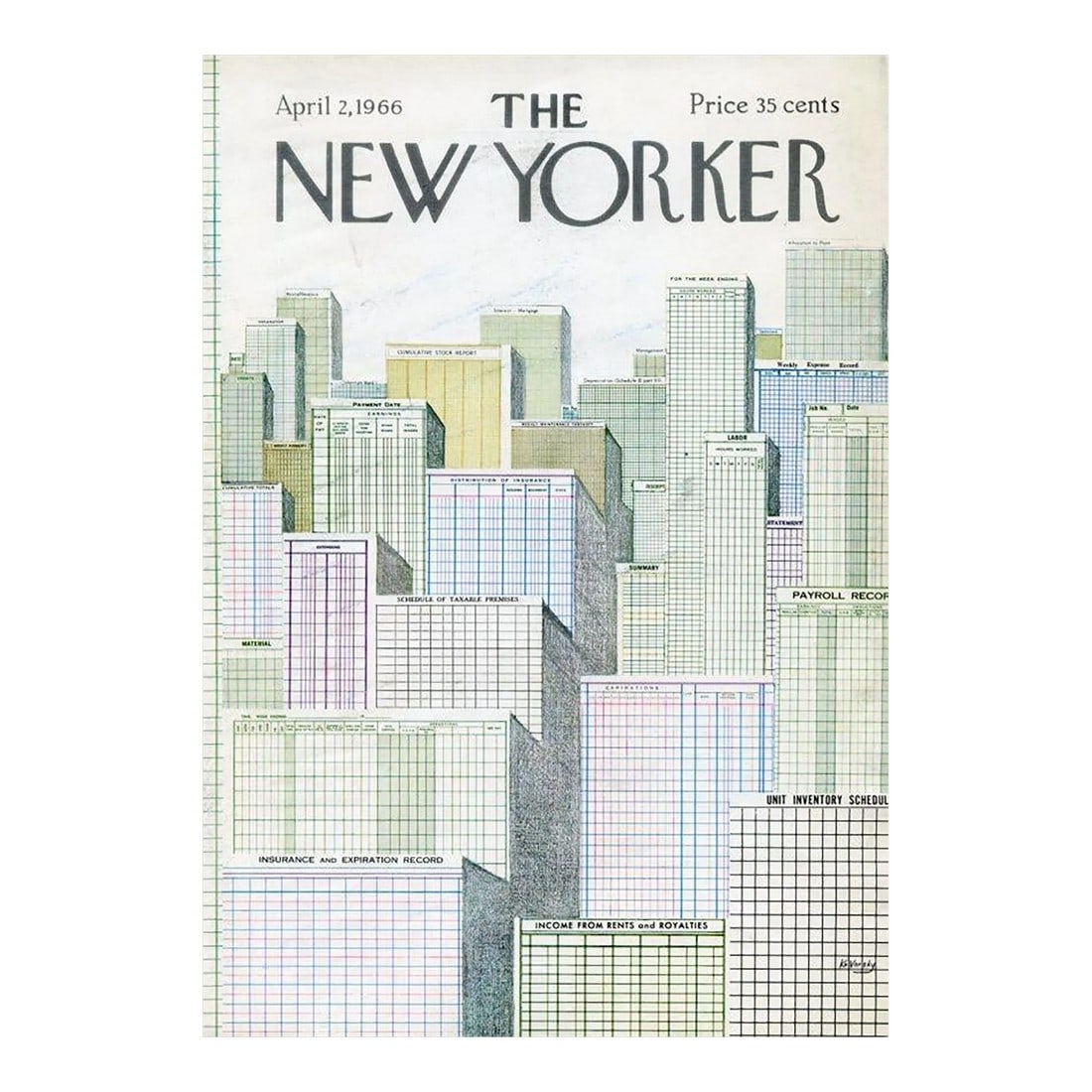 1966 Vintage New Yorker Cover, April 2 (Anatol Kovarsky), Original New Yorker Magazine Cover, New Yo: Original vintage New Yorker magazine cover dated April 2, 1966 featuring a New York City and Finance theme. Based on an illustration by Anatol Kovarsky (1919-2016). This is an authentic New Yorker