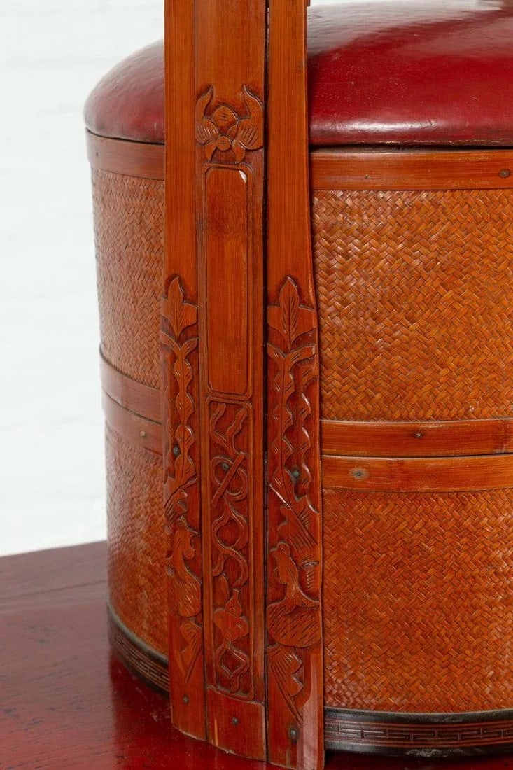Chinese Red Lunch Basket with Carved Handle - 10