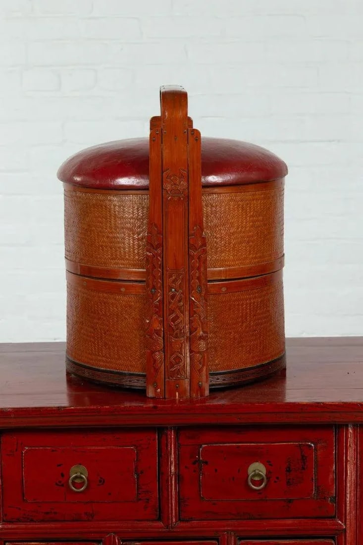 Chinese Red Lunch Basket with Carved Handle - 2