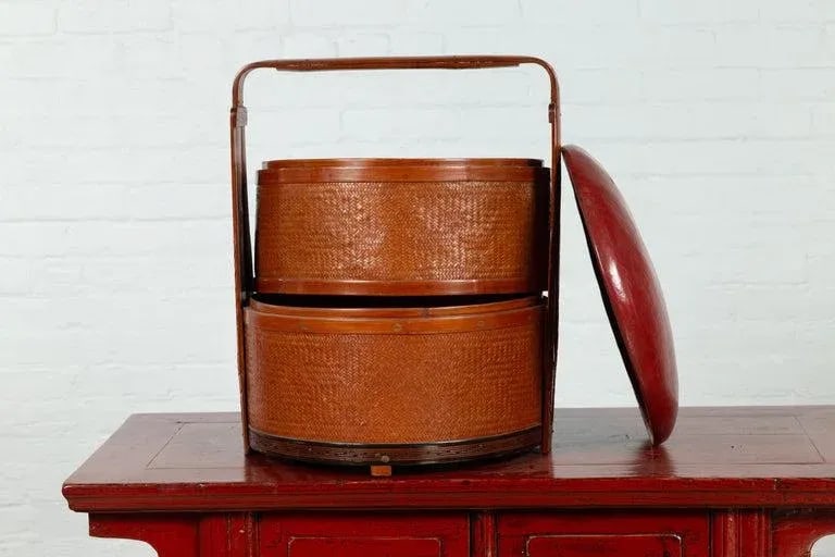 Chinese Red Lunch Basket with Carved Handle - 3