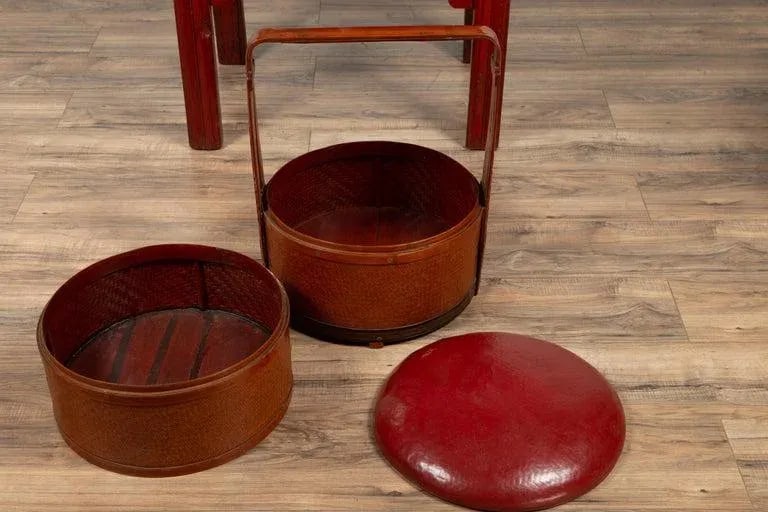 Chinese Red Lunch Basket with Carved Handle - 4
