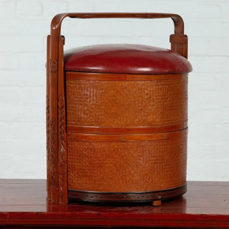 Chinese Red Lunch Basket with Carved Handle - 5