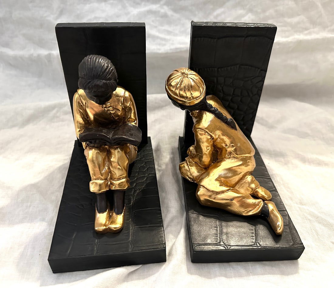 Pair of Gilted Metal Clad Chinese Children Scholar Bookends - 2
