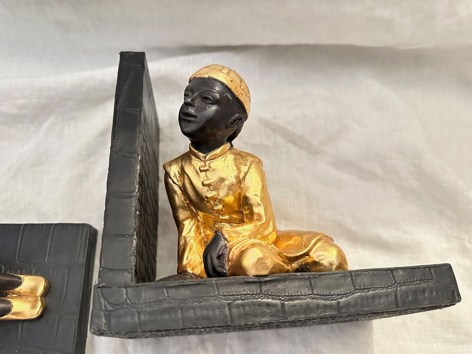 Pair of Gilted Metal Clad Chinese Children Scholar Bookends - 3