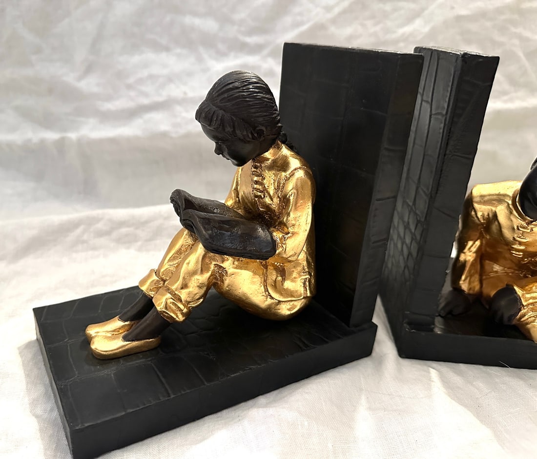 Pair of Gilted Metal Clad Chinese Children Scholar Bookends - 4