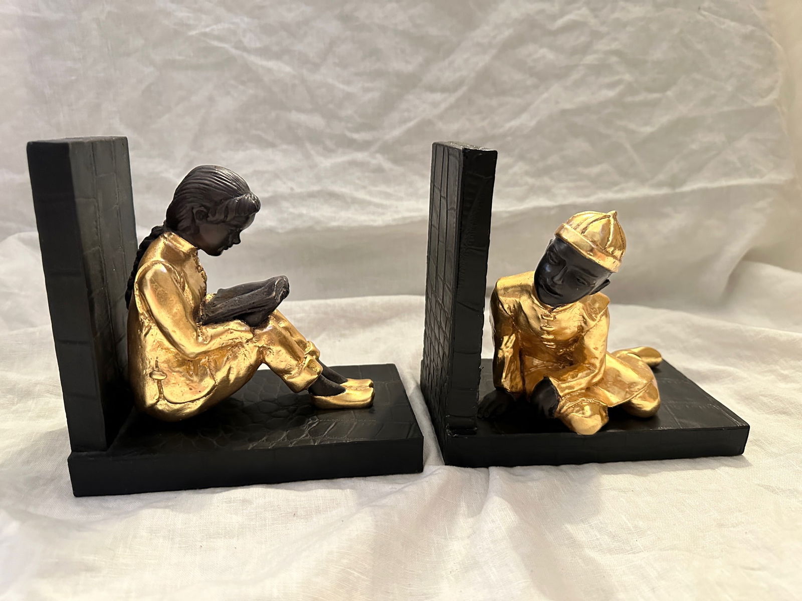 Pair of Gilted Metal Clad Chinese Children Scholar Bookends - 5