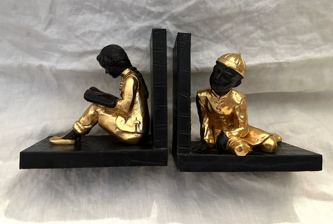 Pair of Gilted Metal Clad Chinese Children Scholar Bookends - 9