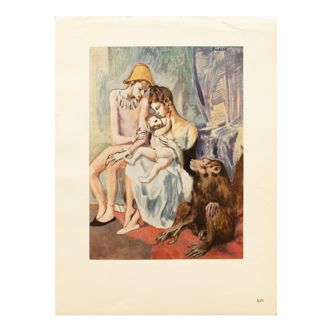1948 After Pablo Picasso "The Acrobat's Family With a Monkey", First Edition Offset Lithograph: A fine period offset lithograph, full-color print, after painting "Famille D'Acrobates Aves Singe" (The Acrobat's Family with a Monkey, 1905) by Pablo Picasso. Comes from a First Limited Edition art f