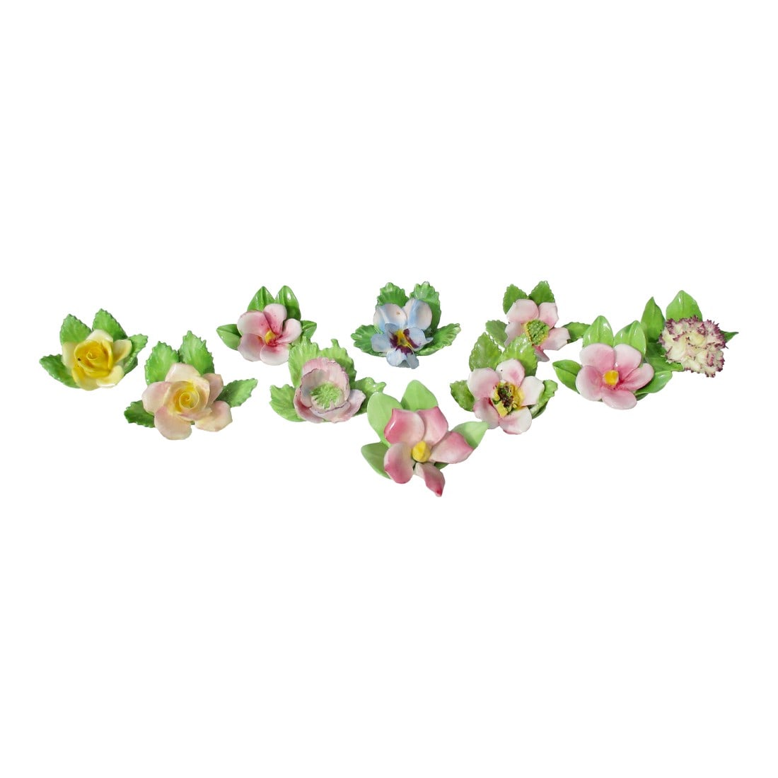 Placard Holders by Royal Adderley- Set of 10: Bone China Flowers by Royal Adderley England. Wonderful group of little flowers to hold name cards at the dinner table. A setting for 10 and a variety of different flowers. Great for spring or summer