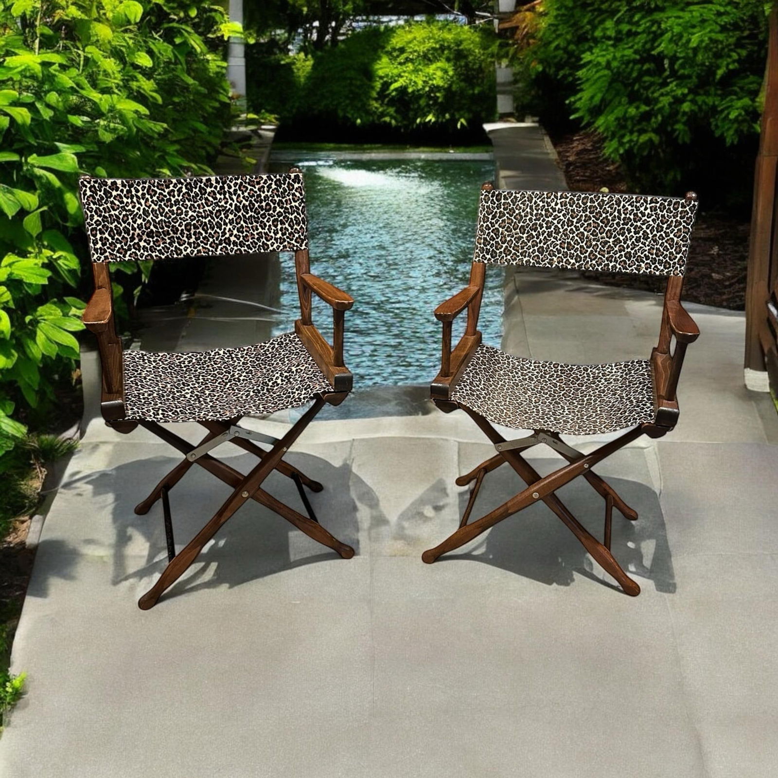 Vintage Walnut Directors Chair Animal Print Textile - A Pair - 2