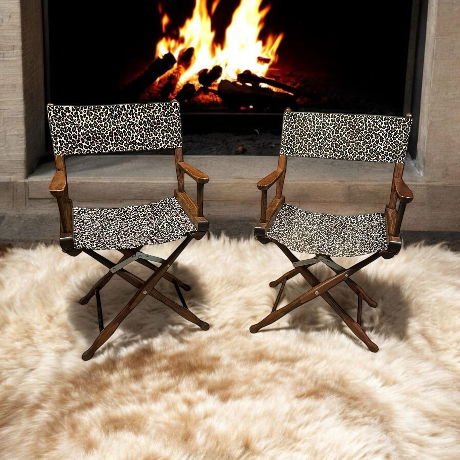 Vintage Walnut Directors Chair Animal Print Textile - A Pair - 4