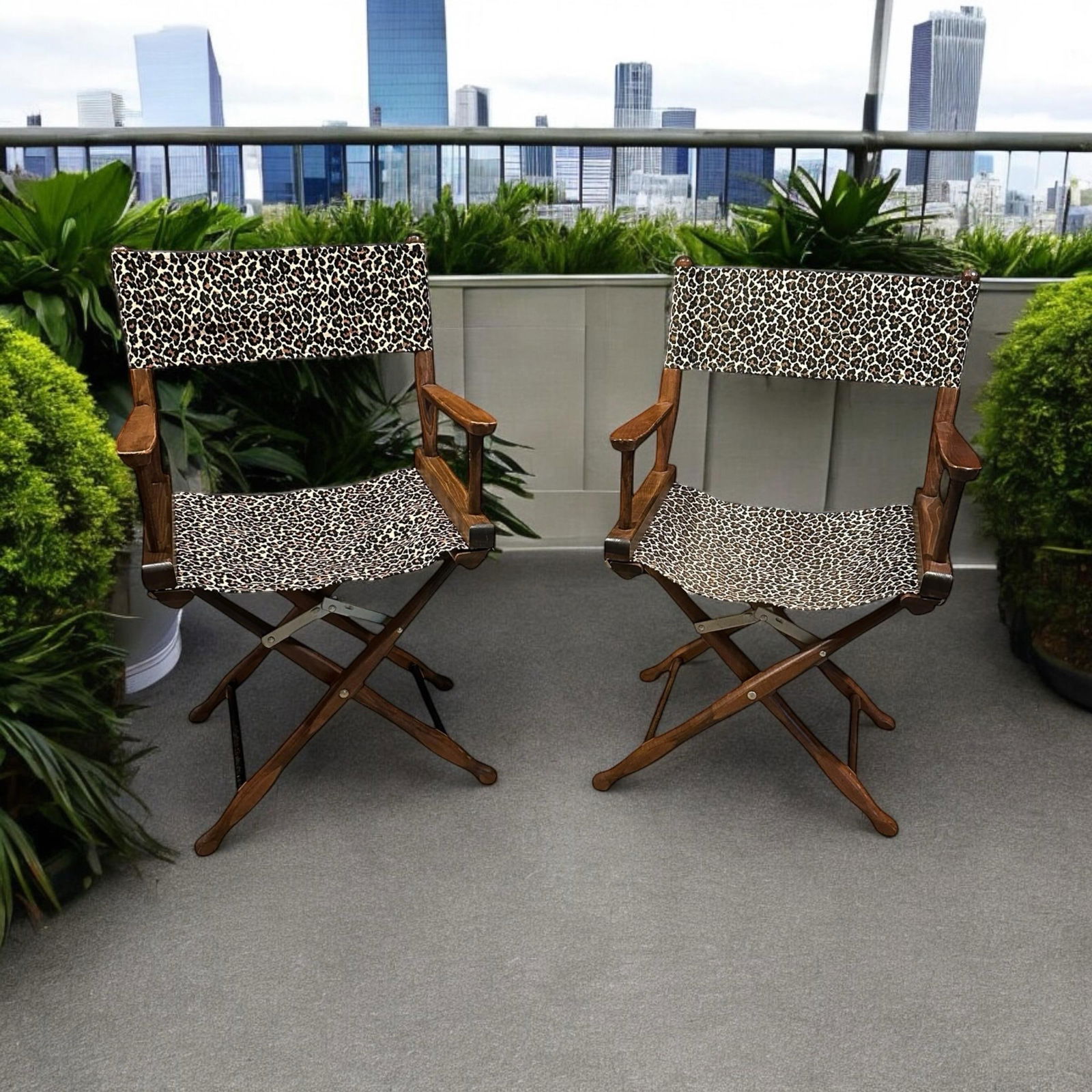 Vintage Walnut Directors Chair Animal Print Textile - A Pair - 7