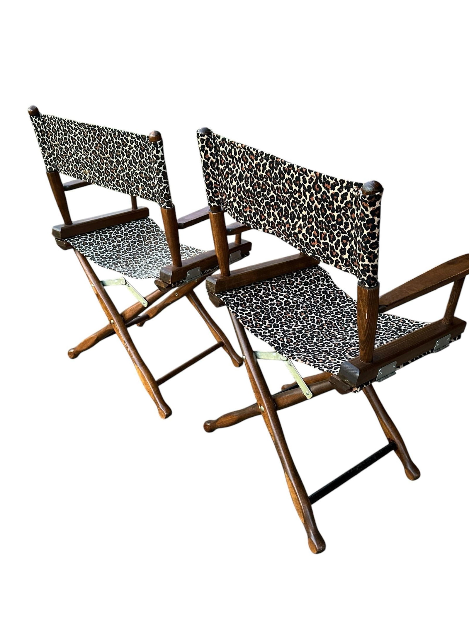 Vintage Walnut Directors Chair Animal Print Textile - A Pair - 9