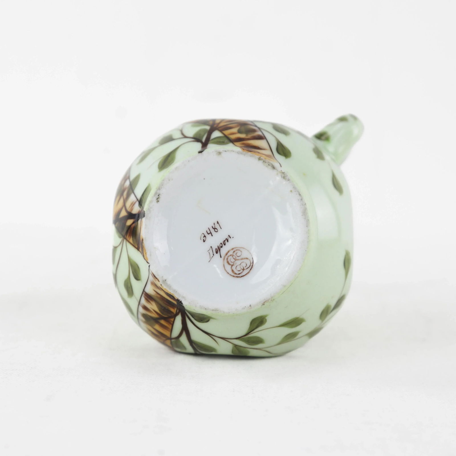 Hand-Painted Green Porcelain Pitcher With Crossed Birch and Floral Motif "“ Antique Farmhouse - 2