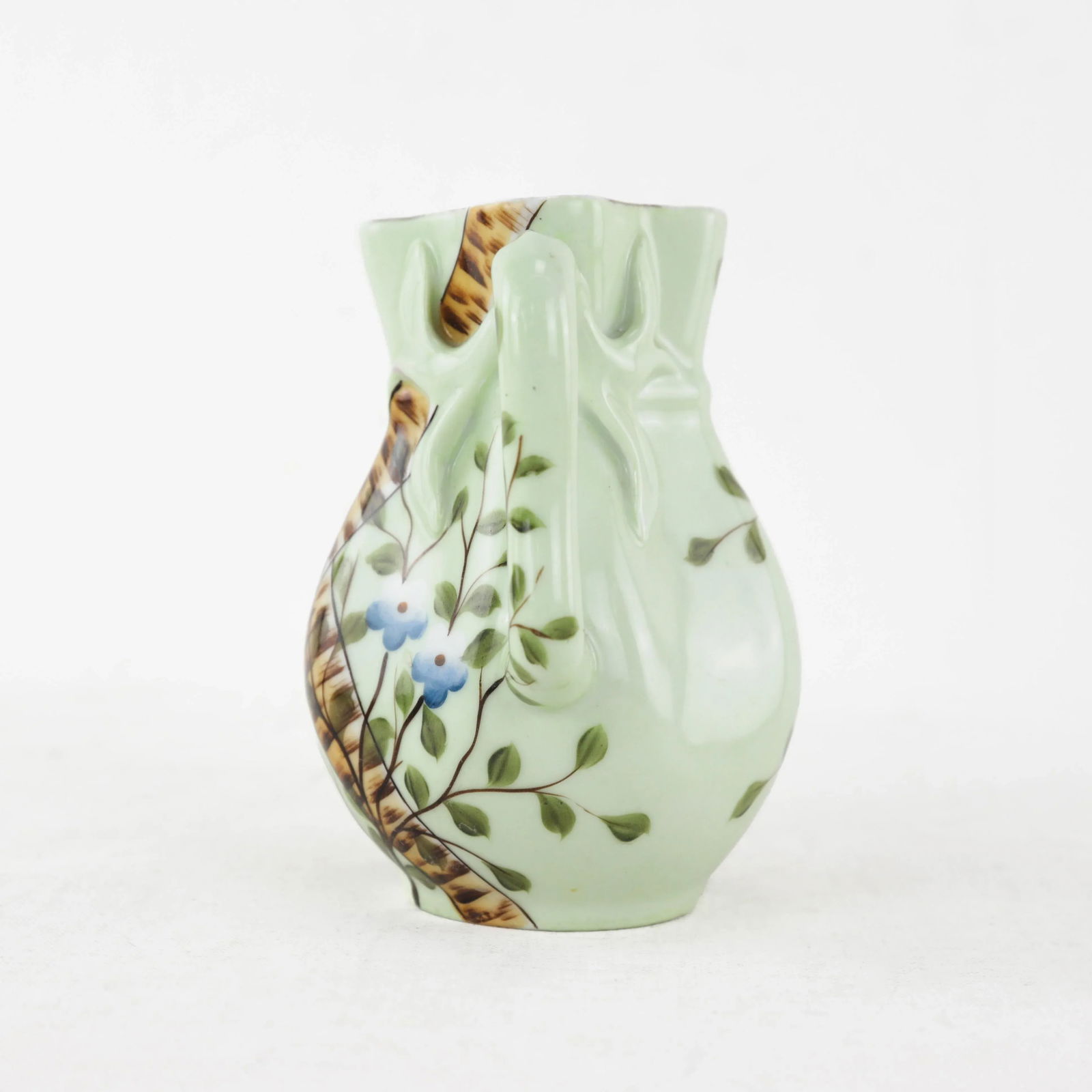 Hand-Painted Green Porcelain Pitcher With Crossed Birch and Floral Motif "“ Antique Farmhouse - 4