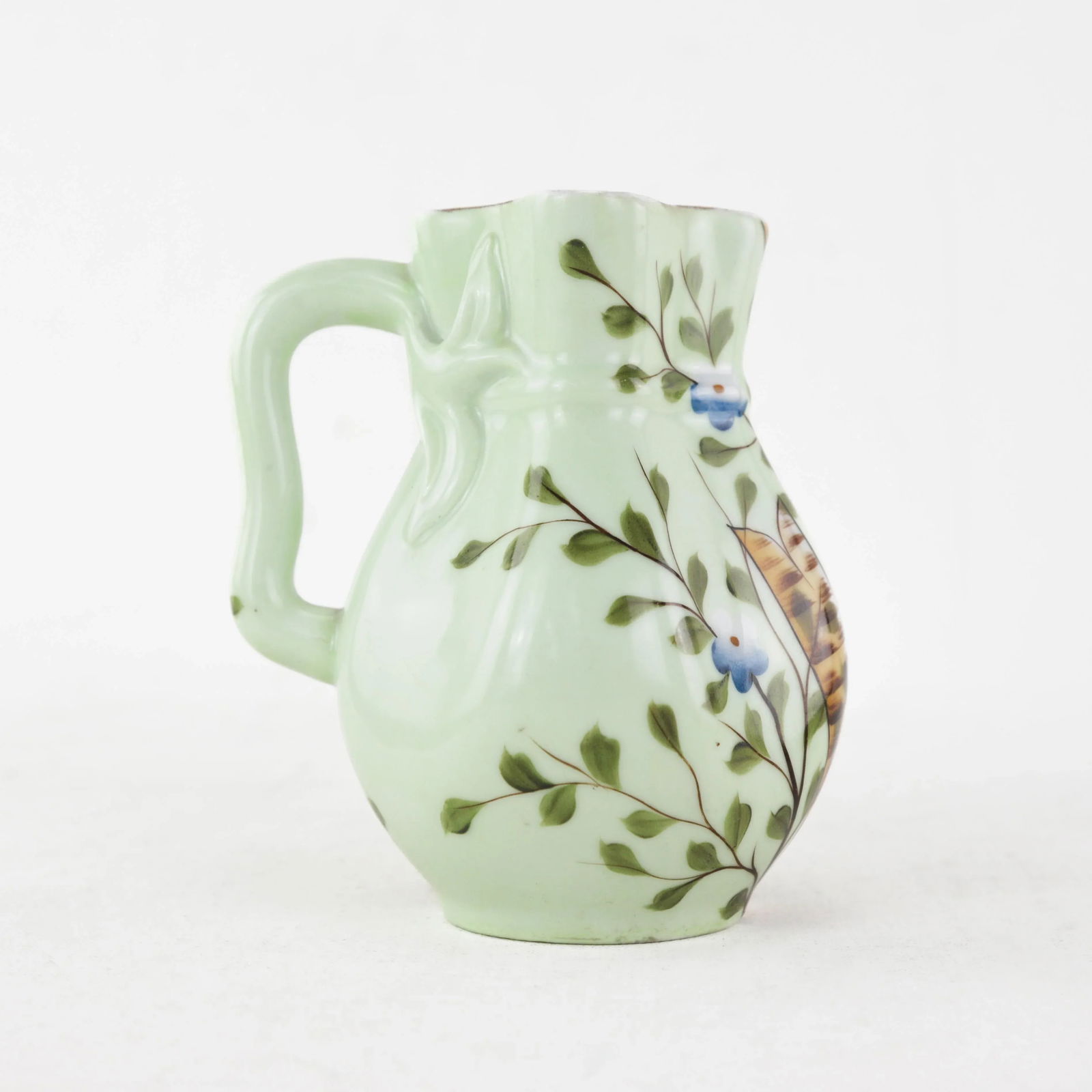 Hand-Painted Green Porcelain Pitcher With Crossed Birch and Floral Motif "“ Antique Farmhouse - 5