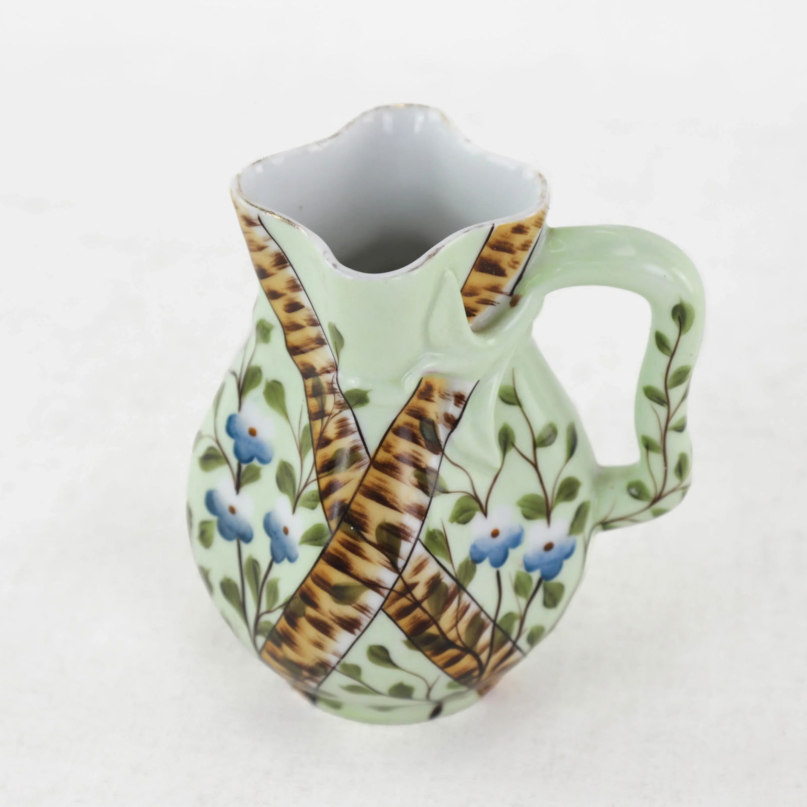 Hand-Painted Green Porcelain Pitcher With Crossed Birch and Floral Motif "“ Antique Farmhouse - 6