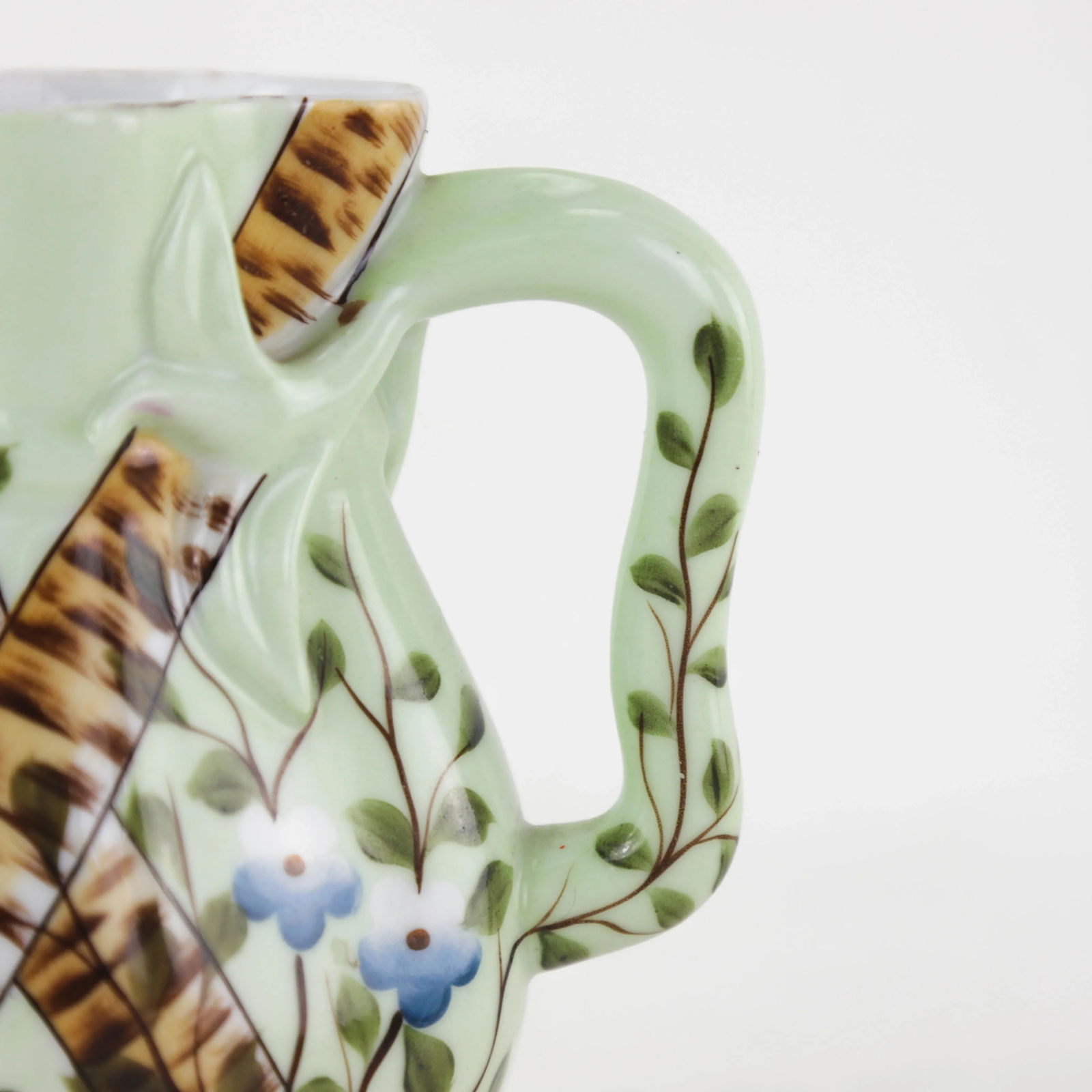 Hand-Painted Green Porcelain Pitcher With Crossed Birch and Floral Motif "“ Antique Farmhouse - 8