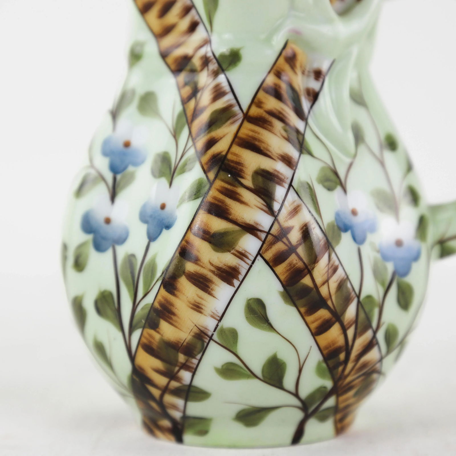 Hand-Painted Green Porcelain Pitcher With Crossed Birch and Floral Motif "“ Antique Farmhouse - 9