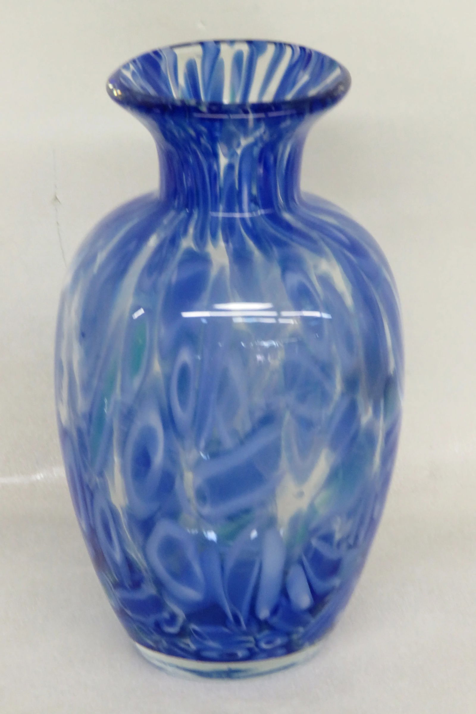 Mid Century Modern Millefiori Hand Blown Blue Art Glass Vase - 2