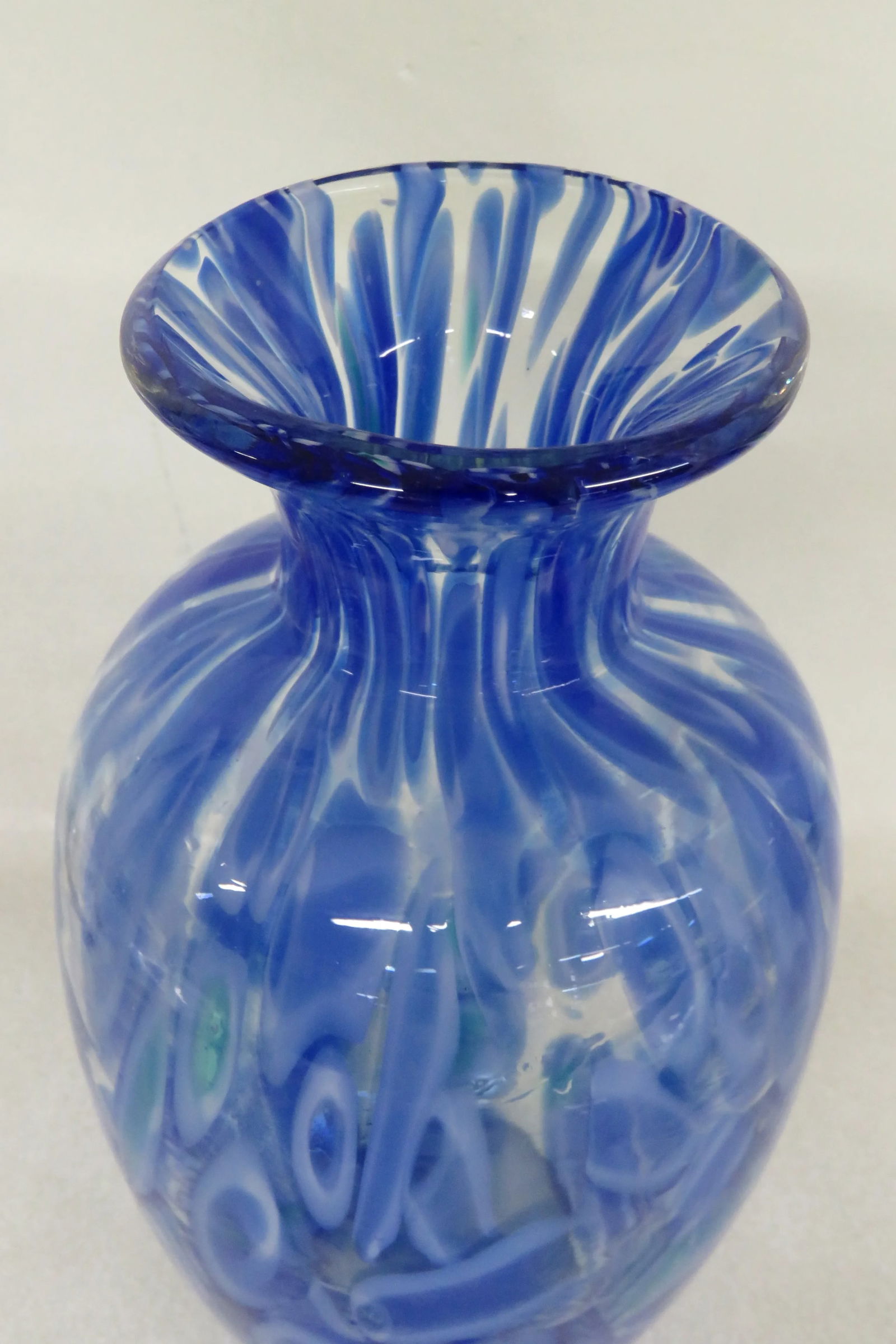 Mid Century Modern Millefiori Hand Blown Blue Art Glass Vase - 3