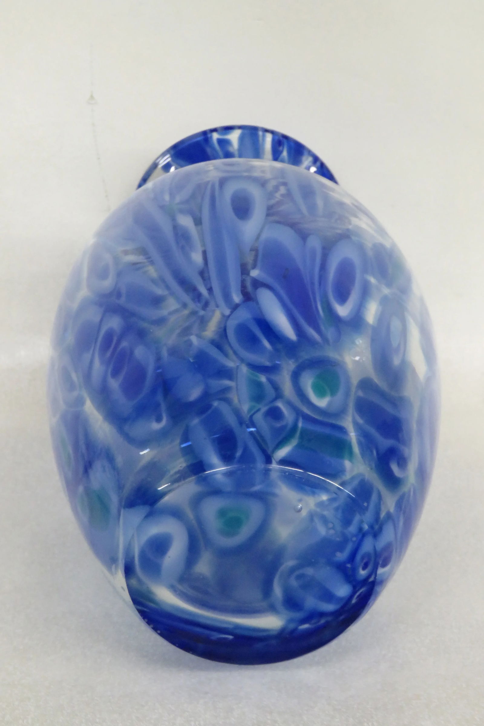 Mid Century Modern Millefiori Hand Blown Blue Art Glass Vase - 5