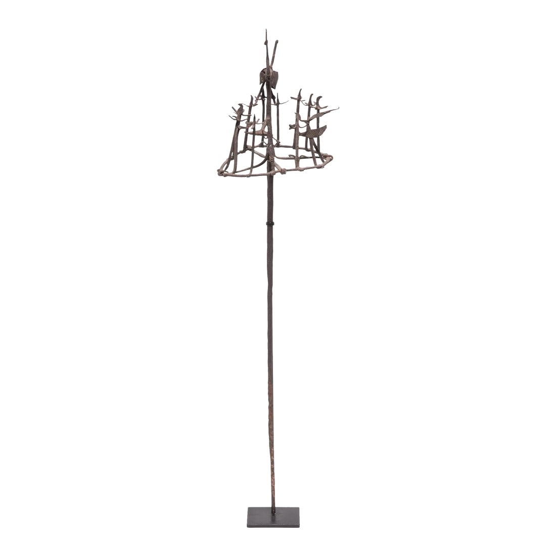 Yoruba Iron Osanyin Staff, C. 1900: To cure mental and physical ailments, Yoruba priests and diviners invoke the aid of Osanyin, the god of herbal medicines. Used in divination rituals to cure the afflicted, this iron staff is crowned w