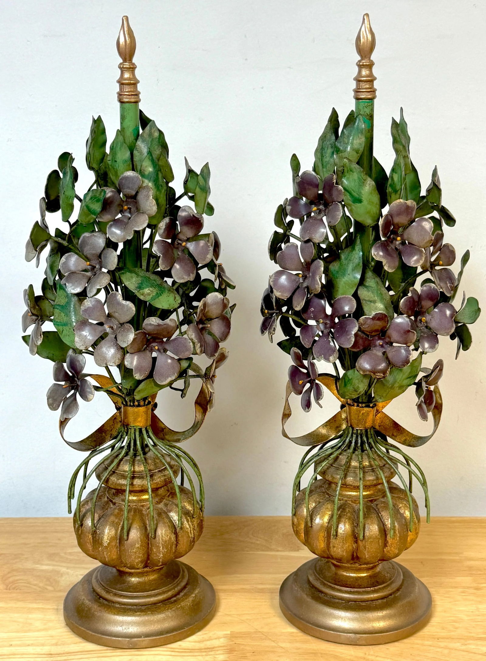 Italian Hollywood Regency Giltwood & Tole Violet Topiary Sculptures - a Pair - 12